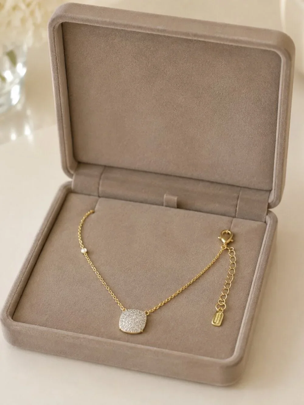Kate Spade Pave Crystal 1/2” Square Pendant Necklace Gold Plated NWT